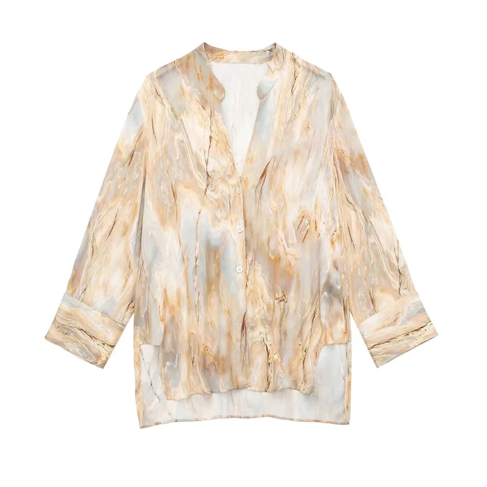 xakxx xakxx - New women's round-neck long-sleeved neckline hem side split front breasted closed asymmetrical tie-dyed shirt