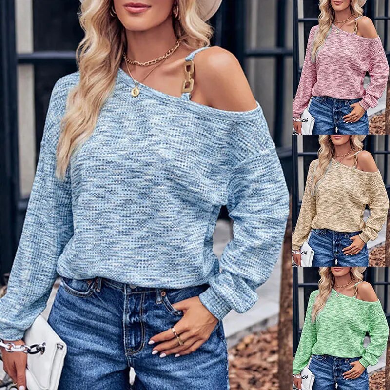 xakxx xakxx- Sexy Asymmetrical T-Shirt Women Metal Chain Off Shoulder Skew Collar Long Sleeve Spring Autumn Pullover Y2K Tops