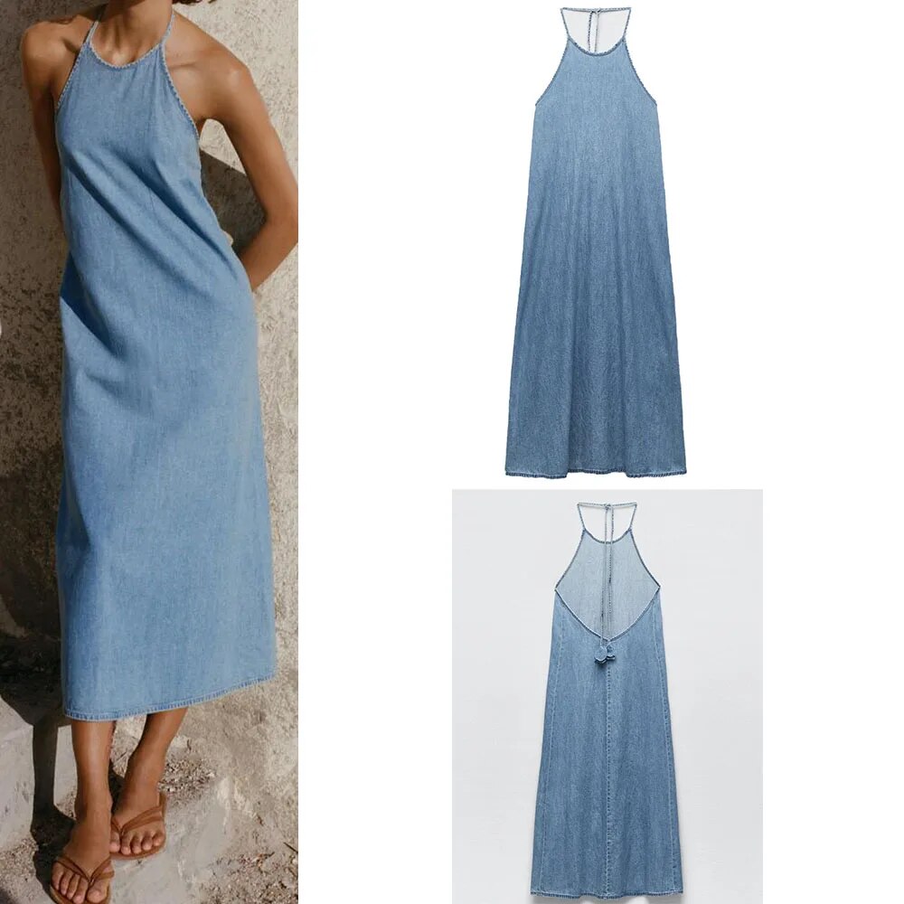 xakxx- New Women's Temperament Fashionable Casual Round Neck Adjustable Ribbon Neck End Same Fabric Floral Denim Midi Dress