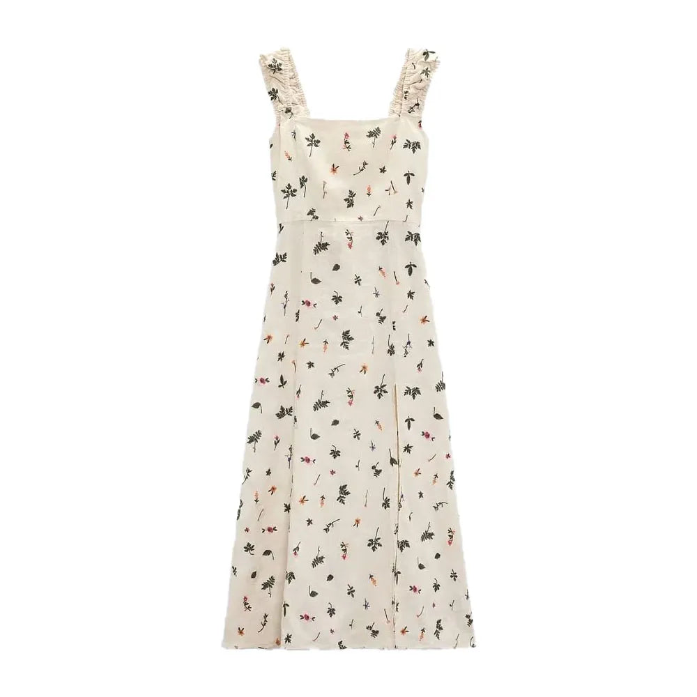 xakxx- Summer new women's clothing sexy backless strappy pastoral style open back linen embroidery midi strap dress