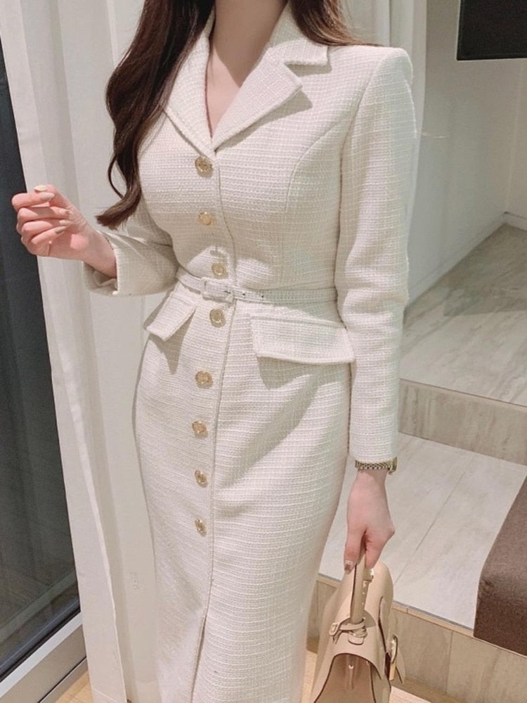 xakxx Women Beautiful Women Clothes Lace-up Waist Office Lady Ladies Tweed Dress Spring Sweet Notched Collar Slim Dresses
