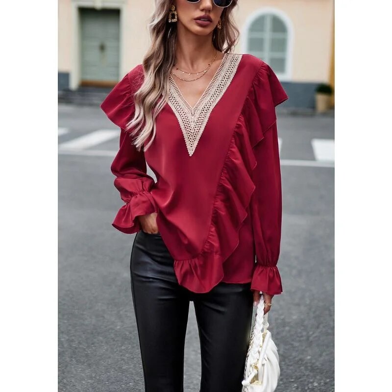 xakxx- Elegant Ruffle Blouse Women V-Neck Long Sleeve t Shirt Lady Spring Autumn Temperament Solid Color Black Tops