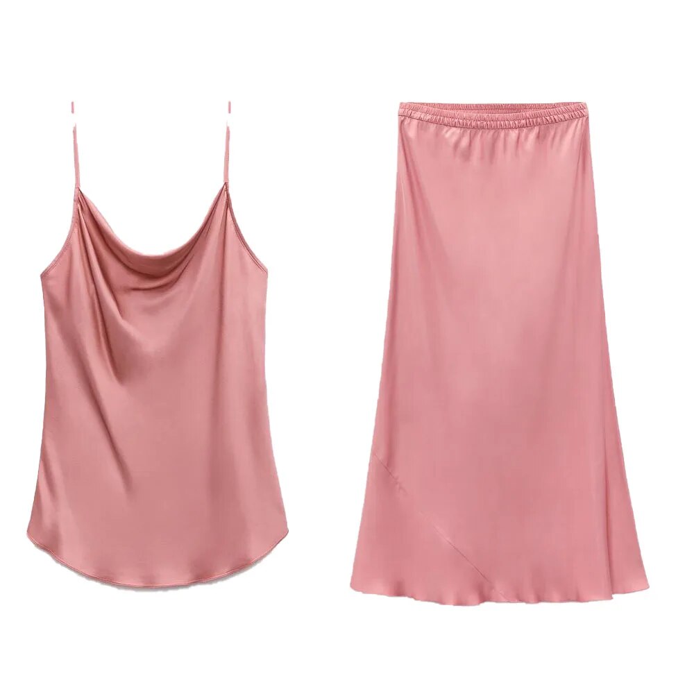 xakxx xakxx - New Women's Fashion Versatile Silk Slippery Pink Temperament Ruili Sling Top Skirt Set