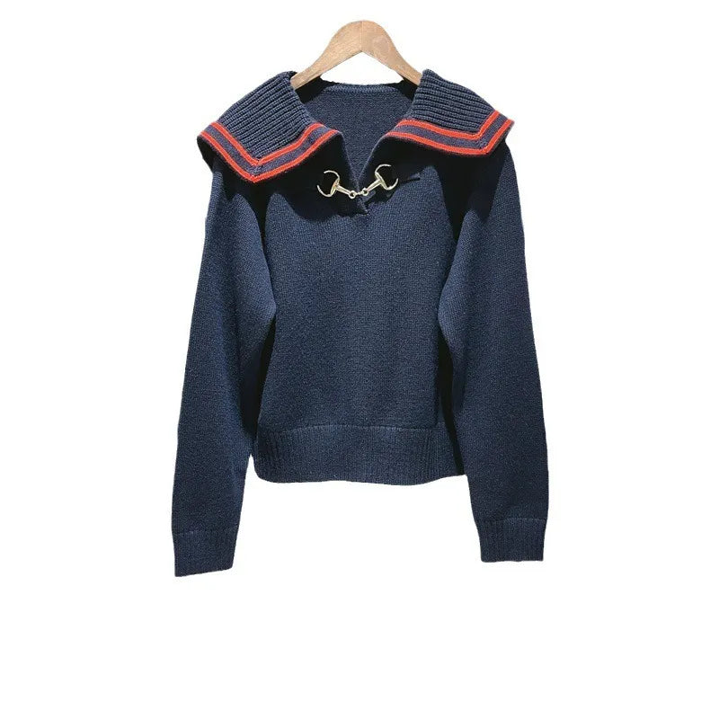 xakxx xakxx Woman Pullover Elegant Temperament Gentle Color Collision Side Lapel Buckle Knit Sweater