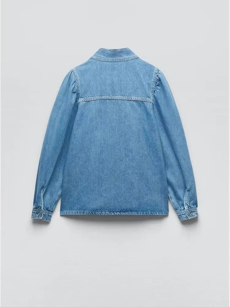 xakxx xakxx- New women's wear long-sleeved commuter pullover, temperament, versatility, women's bow decoration, denim shirt