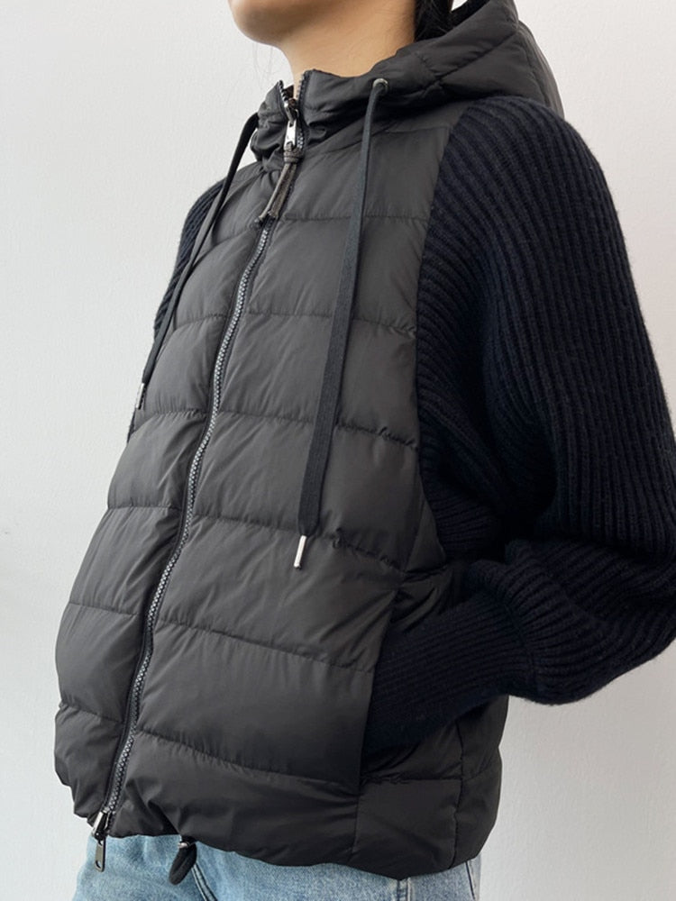 xakxx Women Knit Stitcing Hooded Down Coat Fashion Autumn Winter Female Long Sleeve Drawstring Zipper Jacket