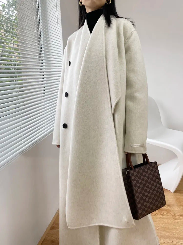 xakxx xakxx-New Fashion Scarf Collar Warm Double-sided Wool Coat Loose Women Fashion Double-breasted Long Woolen Coat Female Clothing Autumn