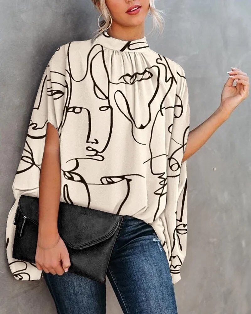 xakxx- Elegant Bat Sleeve Blouse Lady Large Size High Collar Half Sleeve t Shirt Female Autumn Party Evening Clothing