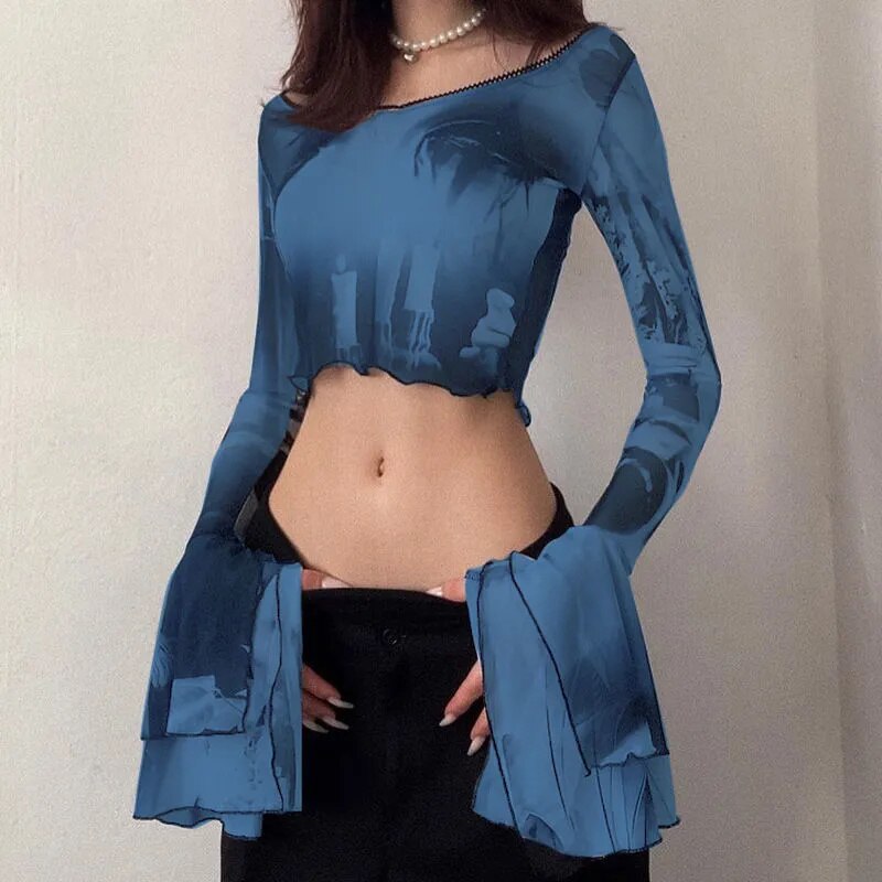 xakxx Goth Long Flared Sleeve T-Shirts for Women Vintage Graphic Print Mesh Sheer Crop Tops Y2K Grunge Clothing Streetwear