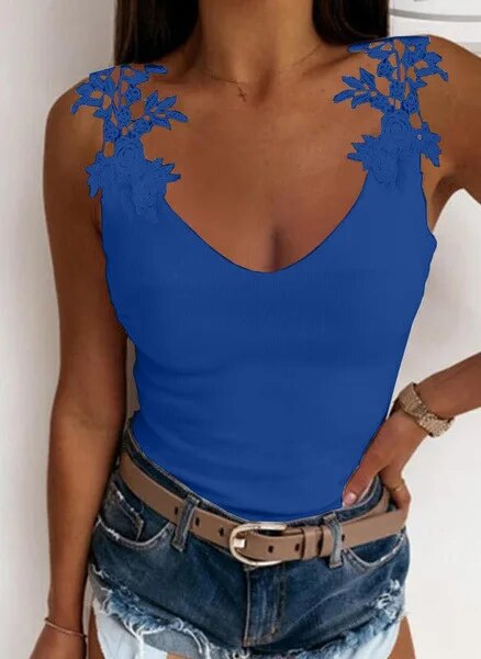 xakxx- Lace Petal Tank Top Solid Color Ladies T-Shirt Women Oversize Hollow sleeveless V-Neck Slim Casual Tops Tee Tunic
