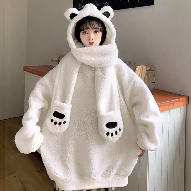 xakxx Black Friday Women Lamb Wool Two Piece Hoodies Kawaii Bear Ear Cap Faux Fur Loose Ladies Pullovers Warm Plush Thick Sweatshirts Top