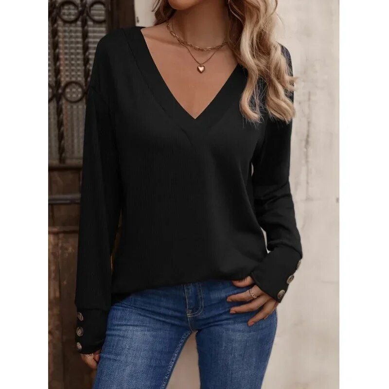 xakxx xakxx- 8 Colors Basic Pullover Women Casual V Neck Long Sleeve Tops Lady Spring Autumn Thin Blouse Clothes