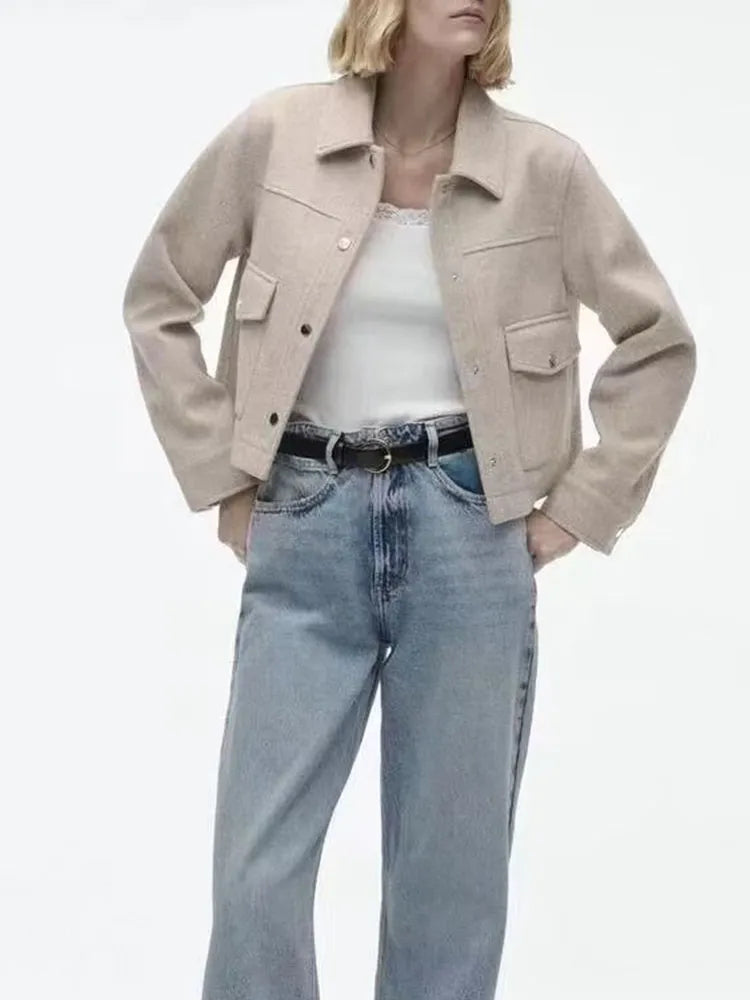 xakxx- Spring new women's front metal snap closure with patch pocket lapel long-sleeve soft jacket jacket