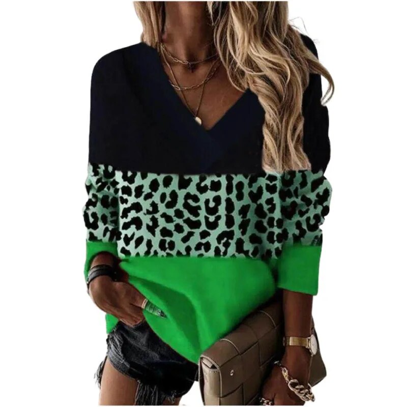 xakxx- 4 Color Patchwork Leopard Print T Shirt Women's V Neck Long Sleeved Lady Autumn Casual Pullover Leopard Tops Oversized 5XL