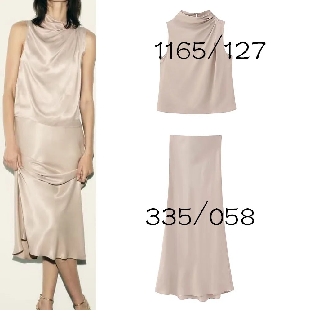 xakxx xakxx - New Women's Clothes Casual Fashion Pleated Design Silk Satin Top Slim High Waist Silk Satin Midi Skirt Set