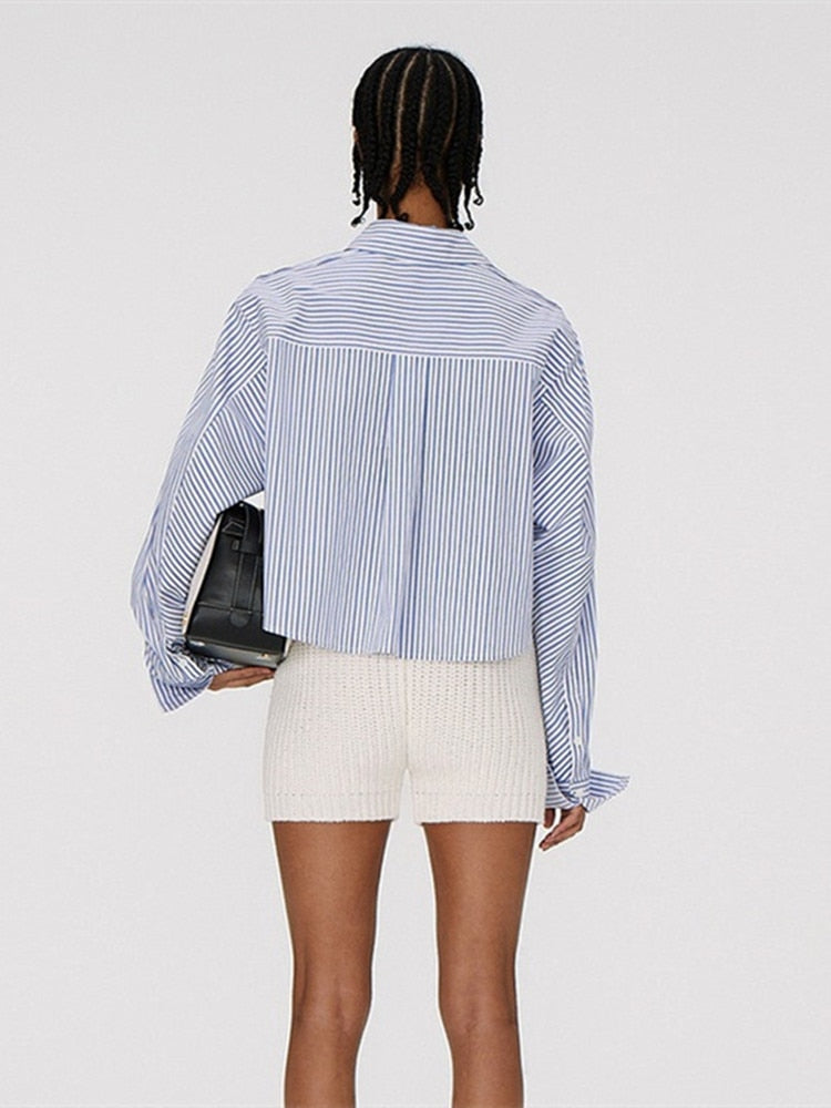 xakxx Women Casual Stripes Short Shirt Front Buttons Turn-Down Collar Embroidery Logo Ladies Long Sleeve Blouses