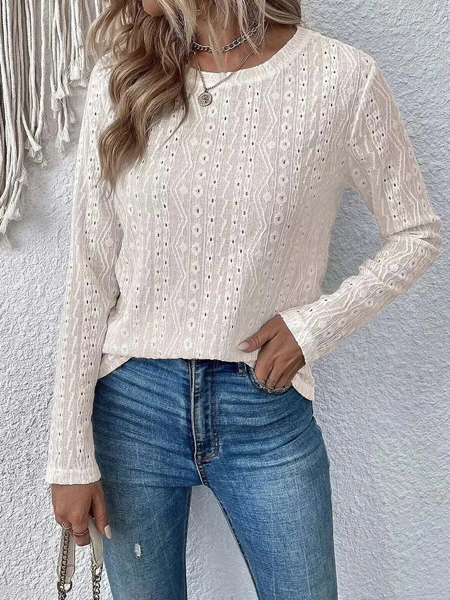 xakxx- Basic Leisure Blouse Women Hollow Out Top Solid Round Neck Pullover Long Sleeve Spring Autumn Female T-Shirts Mujer Tees