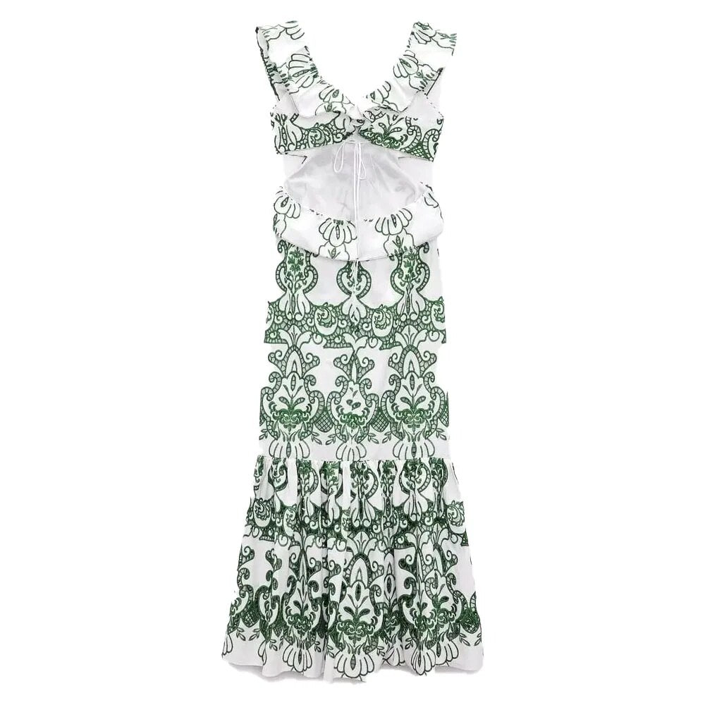 xakxx- New women's casual sexy V-neck halter tie green embroidery sleeveless layered dress 3152032