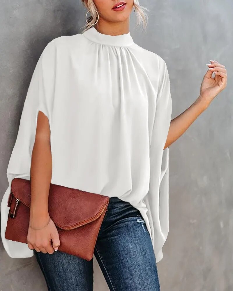 xakxx- Elegant Bat Sleeve Blouse Lady Large Size High Collar Half Sleeve t Shirt Female Autumn Party Evening Clothing