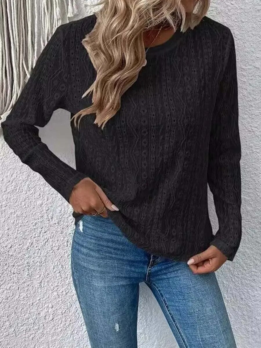 xakxx- Basic Leisure Blouse Women Hollow Out Top Solid Round Neck Pullover Long Sleeve Spring Autumn Female T-Shirts Mujer Tees