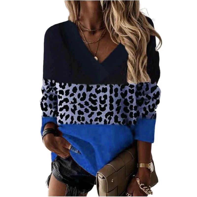 xakxx- 4 Color Patchwork Leopard Print T Shirt Women's V Neck Long Sleeved Lady Autumn Casual Pullover Leopard Tops Oversized 5XL