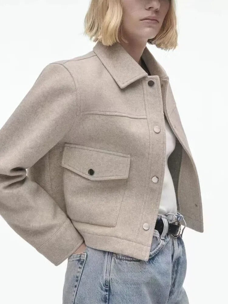 xakxx- Spring new women's front metal snap closure with patch pocket lapel long-sleeve soft jacket jacket
