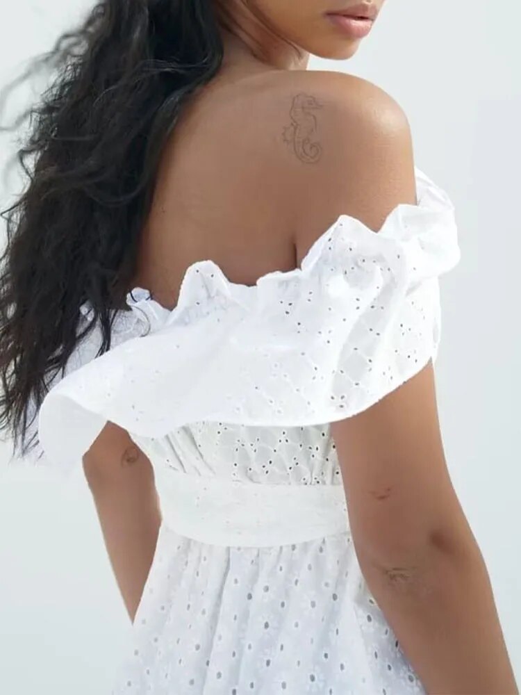 xakxx- New women's fashion casual vitality elegant same fabric belt white temperament hollow embroidery midi dress