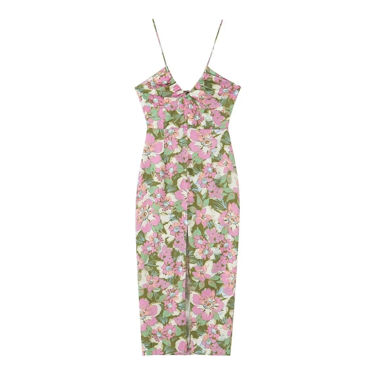 xakxx- New Summer Temperament Casual Sexy V-neck Pleated Decorative Linen Blended Flower Print Dress for Women