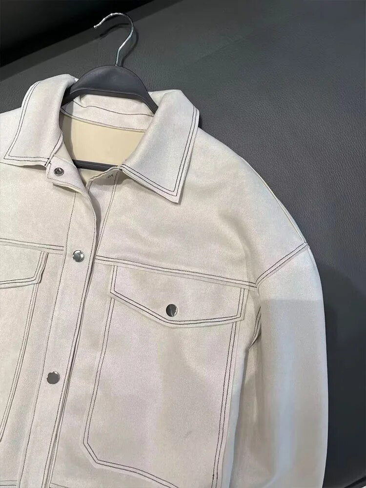 xakxx- spring new women's casual and versatile temperament retro lapel pocket loose collision color short jacket