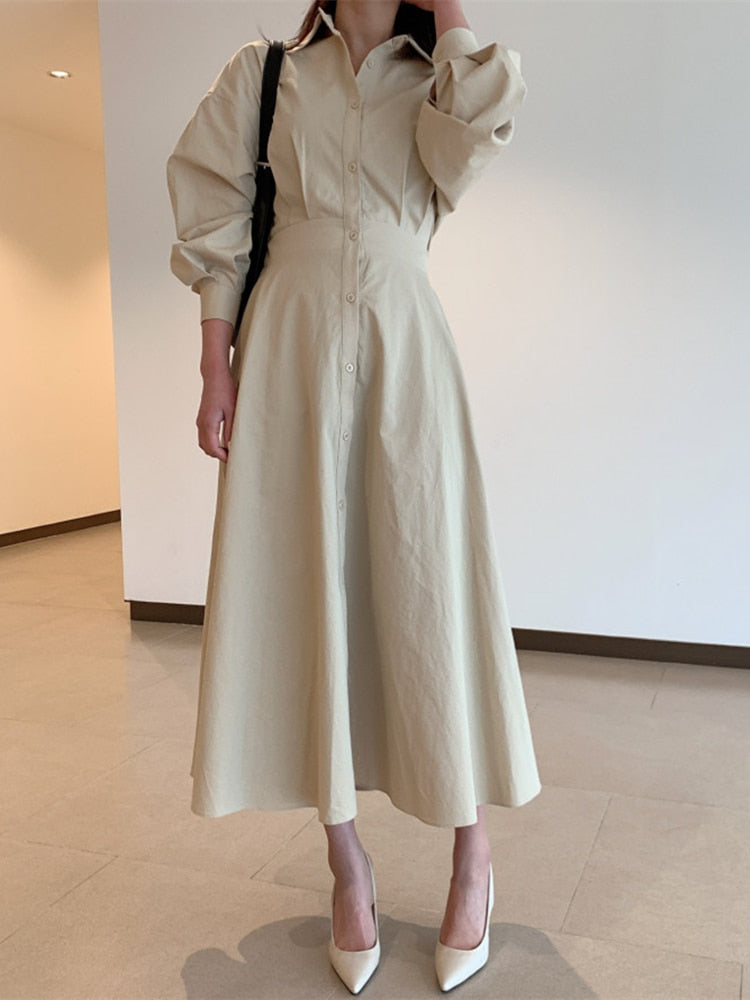 xakxx Spring Elegant Office Lady Vintage Office Puff Sleeve Shirt Dress Women Casual Single-Breasted A-Line Dresses