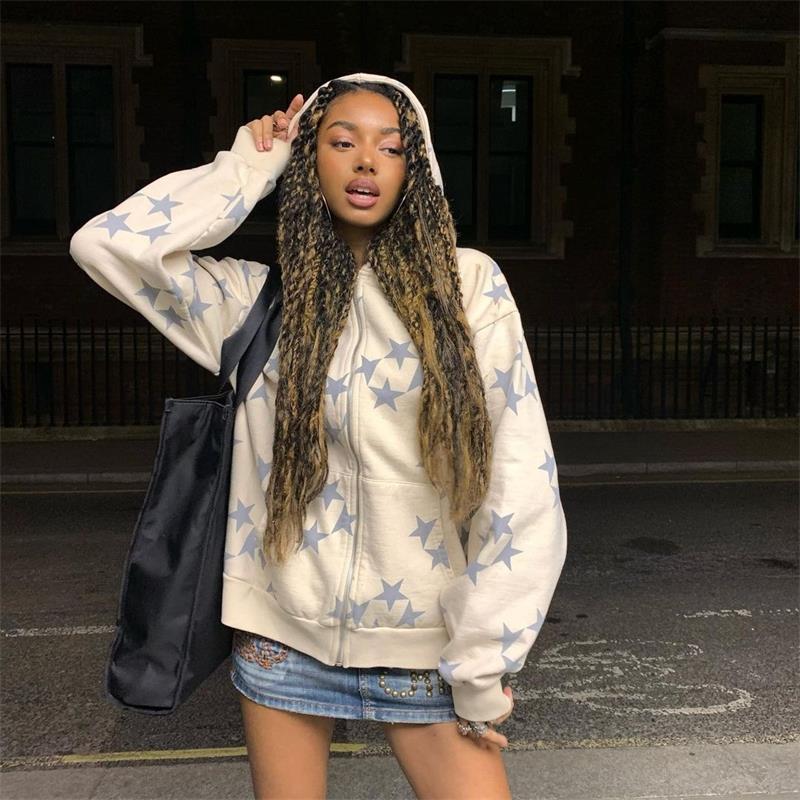 xakxx Vintage Star Pattern Hoodie Women Men Fairy Grunge Long Sleeve Zipper Jacket Harajuku Oversize Sweatshirt Streetwear Y2K Clothes