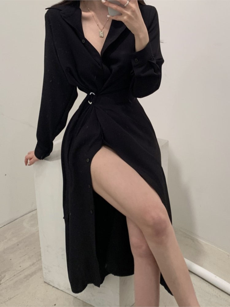 xakxx Women Single Breasted Midi Lace Up Slim Solid Shirt Dress Long Sleeve Elegant Vestidos Femme