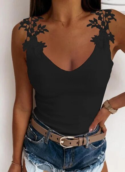 xakxx- Lace Petal Tank Top Solid Color Ladies T-Shirt Women Oversize Hollow sleeveless V-Neck Slim Casual Tops Tee Tunic