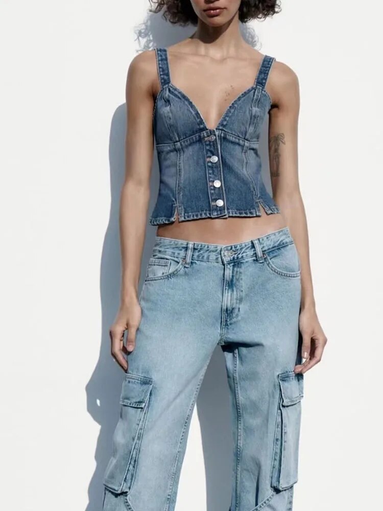 xakxx xakxx - new casual hundred with Ruili thin halter tight sexy heart-shaped collar straps button decorated undershirt denim tops