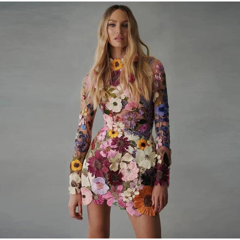 xakxx Spring Chic Female High-quality Party Dresses Fashion Flower Embroidery Mini Dress Women Elegant Long Sleeve Applique Vestidos