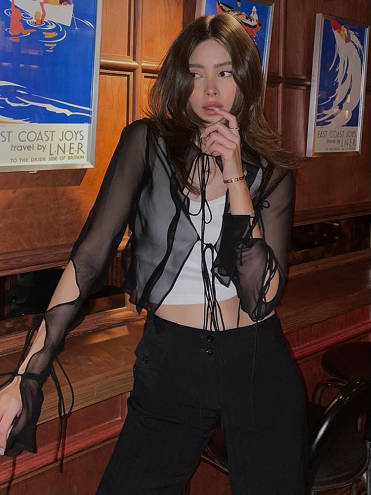 xakxx See Through Mesh Summer Sexy Tie It Up Women Tops Cardigan Outfits Streetwear Long Sleeve Cut Out Top Tees Clothes