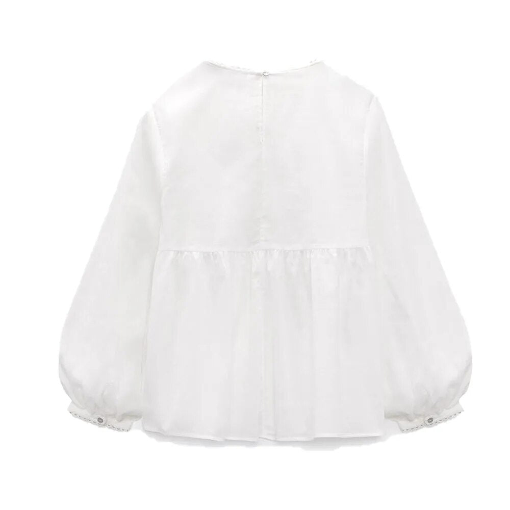 xakxx xakxx - New women's casual all-match round neck lace decoration long-sleeved white slit blouse top 3666122