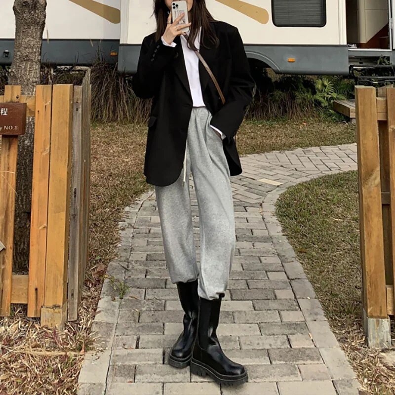 xakxx xakxx-Black Blazer Coat Women Autumn New Fashion Loose Causal Khaki Blazer Coat For Women Plus Size XL