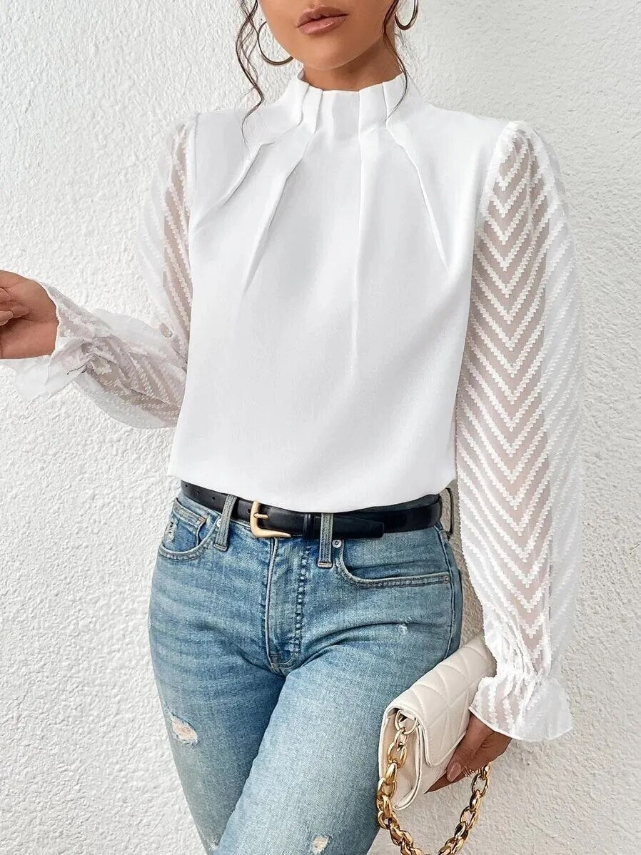 xakxx xakxx- Luxury Half High Collar Blouse Lady Panel Wave Pattern Ruffle Leaf Long Sleeved T-Shirt Autumn Winter Clothes