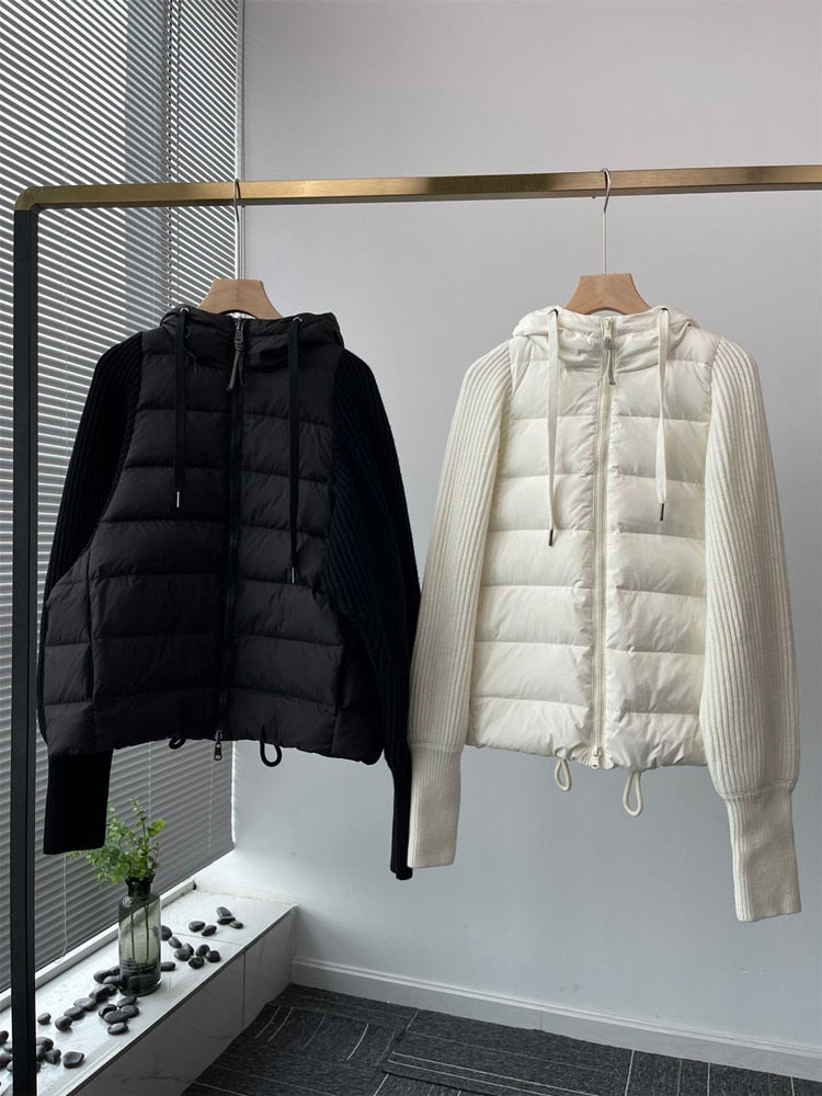 xakxx Women Knit Stitcing Hooded Down Coat Fashion Autumn Winter Female Long Sleeve Drawstring Zipper Jacket