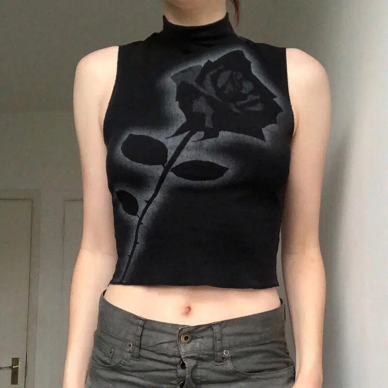 xakxx Harajuku Rose Flower Print Tank Top Women Summer Sleeveless High Neck Shirt Causal Vest Soft Loose Gothic Tee Shirt Femme