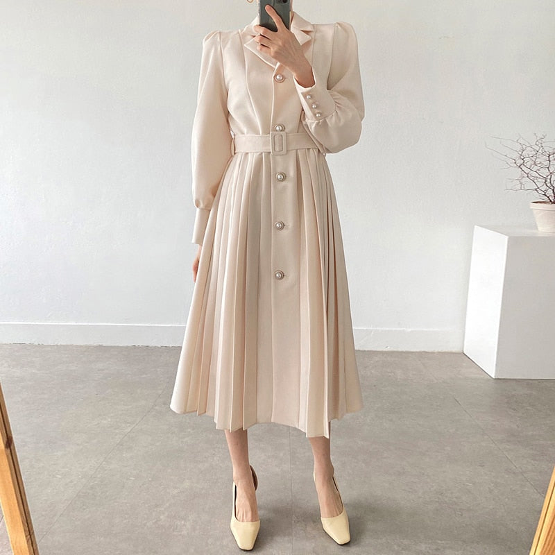 xakxx Elegant Women Spring Notched Collar Suit Single-Breasted Office Lady Full Sleeve High Waist Female Pleated Midi Dress