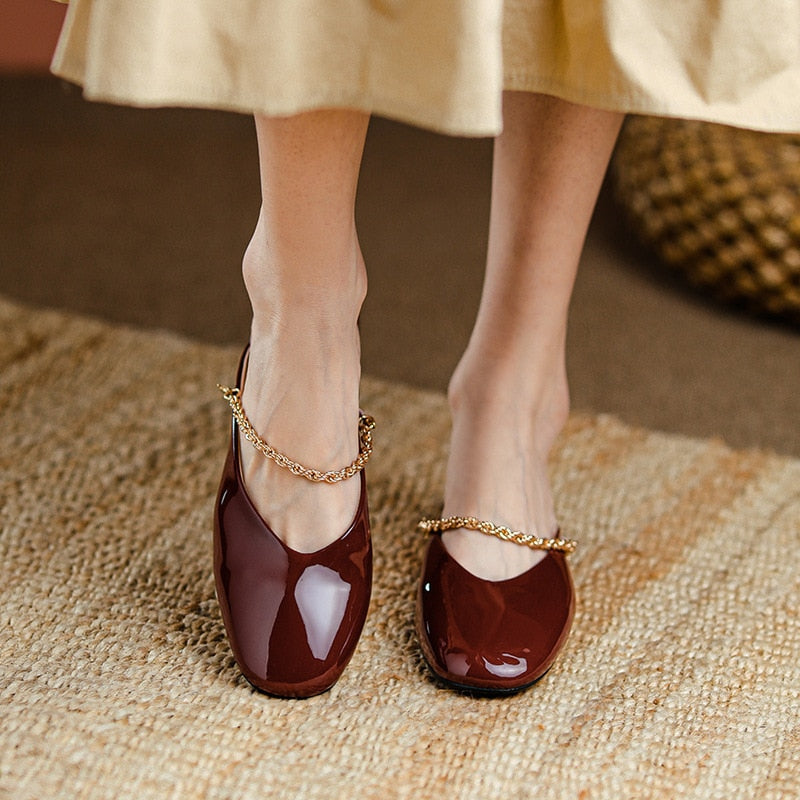 xakxx Outside Women's Muller Shoes Fashion Designe Middle Heel Ladies Sandals Classic Lersure Patent Leather Lazy Female Slipper