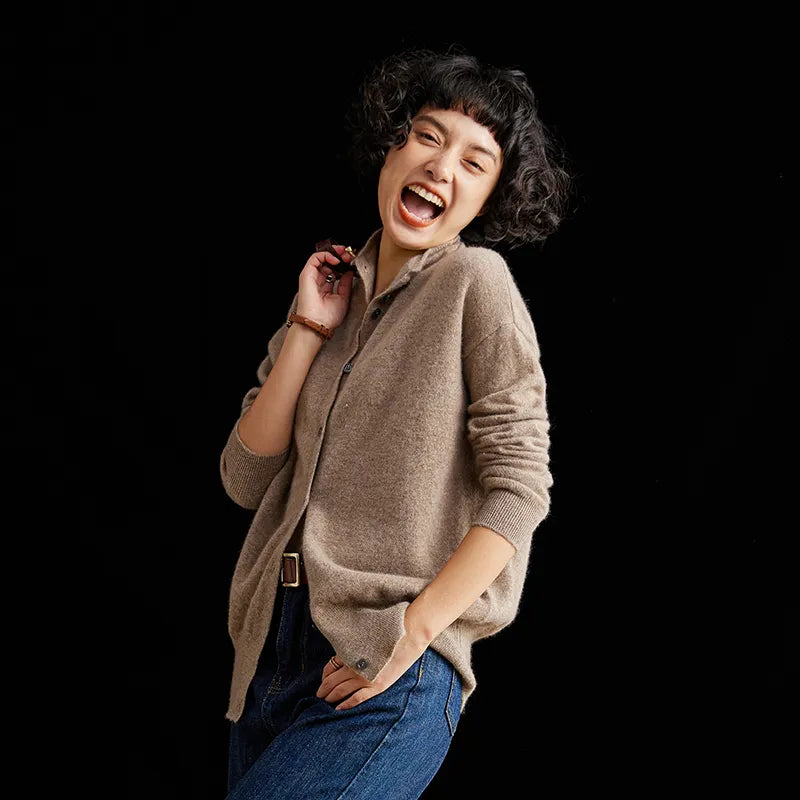 xakxx xakxx-Wool cardigan women's semi-high-necked solid color long-sleeved cashmere coat is slim and versatile knitted sweater.