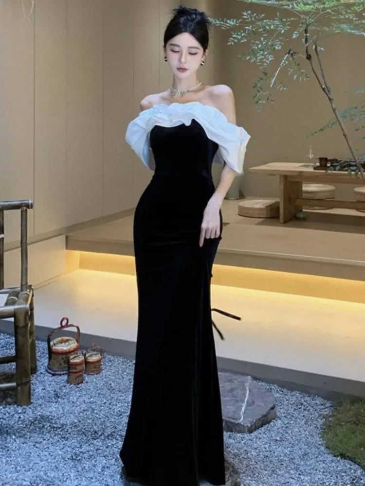 xakxx Women Sexy Off Shoulder Party Dress New Slim Waist French Patchwork Elegant Lady Maxi Fashion Solid A-line Vestidos Mujers