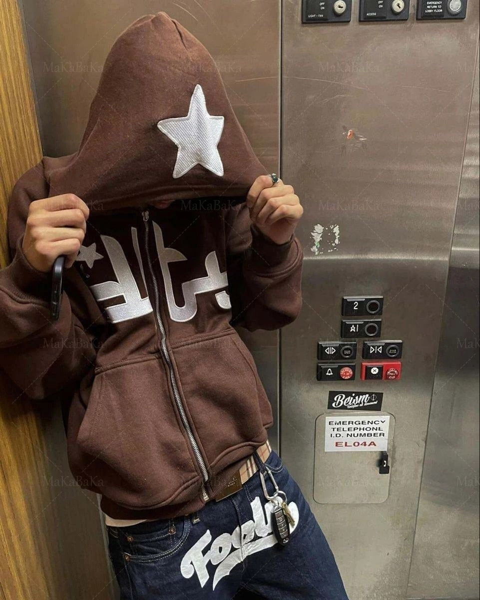 xakxx Vintage Star Pattern Hoodie Women Men Fairy Grunge Long Sleeve Zipper Jacket Harajuku Oversize Sweatshirt Streetwear Y2K Clothes