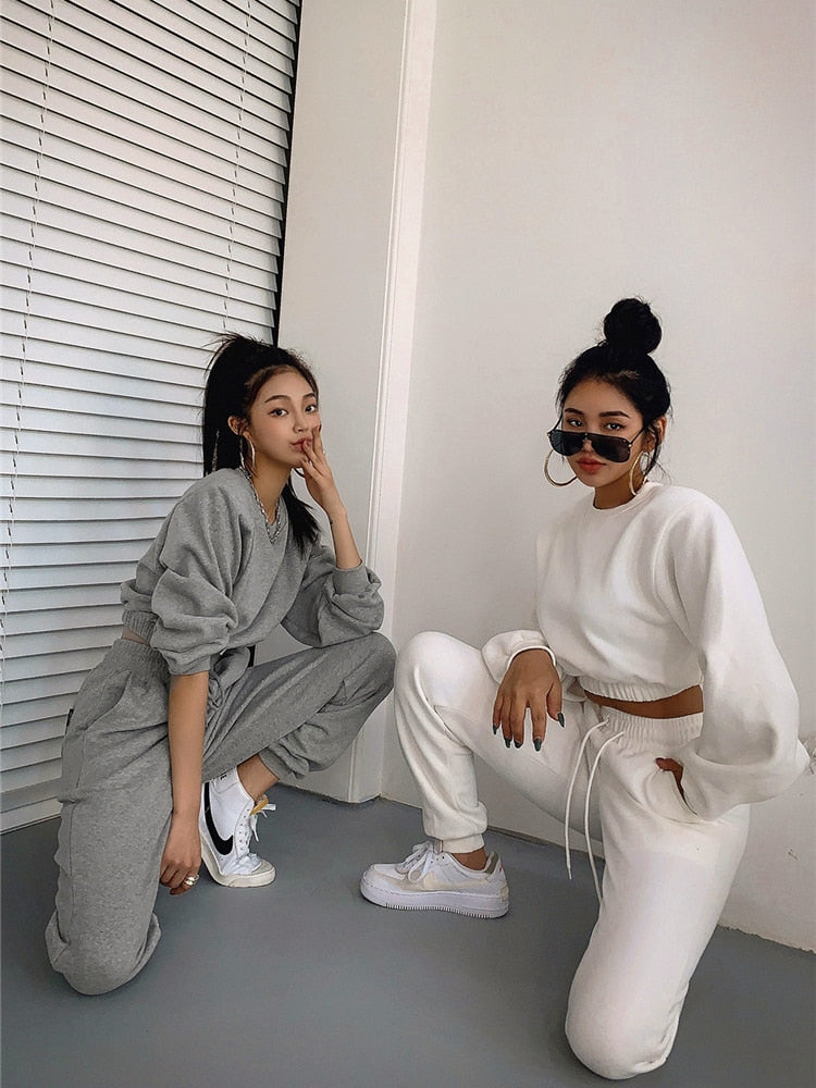xakxx Women Pullover Hoodies Sweatshirts Suit Winter Spring Solid Casual Tracksuit Fleece 2 Pieces Set Sweatpants Quality Outfits