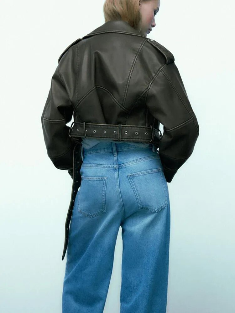 xakxx- Spring new women's front pocket with straps on shoulder lapel long-sleeved imitation leather jacket
