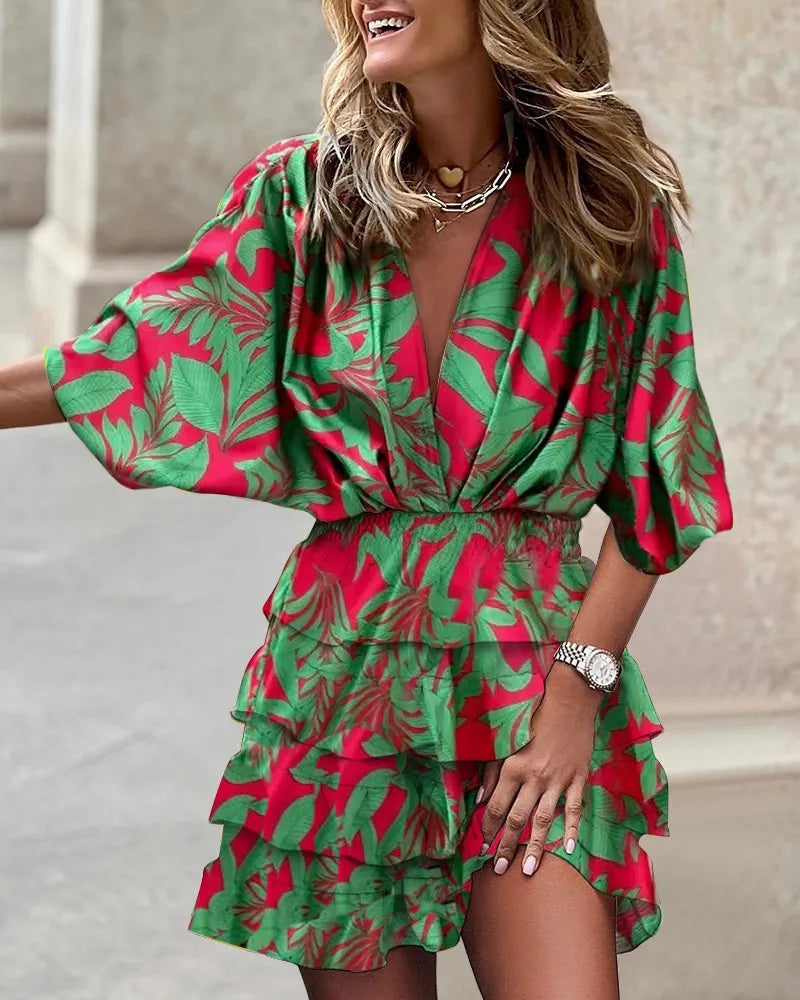 xakxx- 7 Colors Women Summer Dress V Neck Batwing Sleeve Ruffle Mini Dress Female Geometric Multicolor Boho Beach Party Dresses