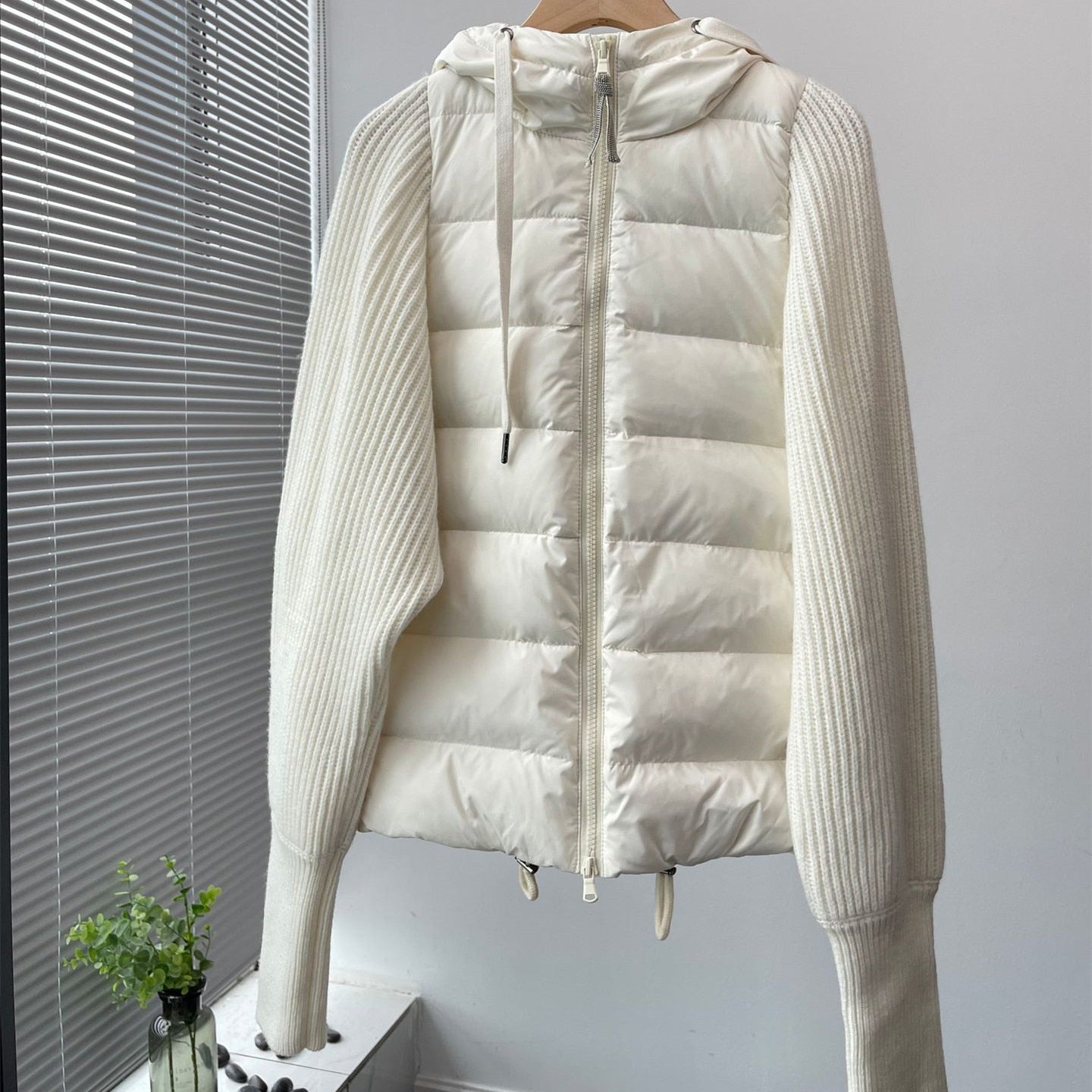 xakxx Women Knit Stitcing Hooded Down Coat Fashion Autumn Winter Female Long Sleeve Drawstring Zipper Jacket